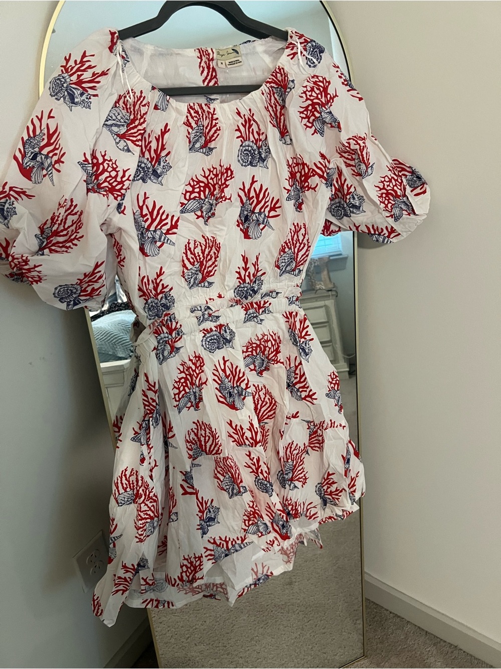 Anthropologie White Mini Dress with Red & Navy Shell Print